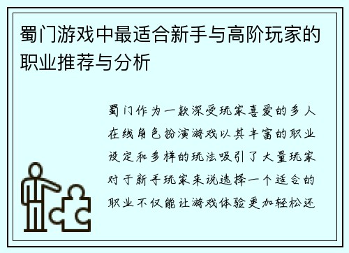 蜀门游戏中最适合新手与高阶玩家的职业推荐与分析