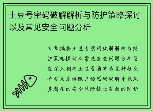 土豆号密码破解解析与防护策略探讨以及常见安全问题分析