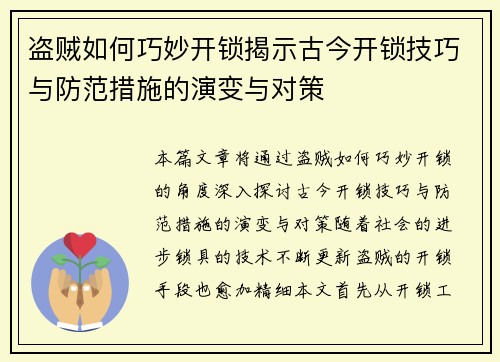盗贼如何巧妙开锁揭示古今开锁技巧与防范措施的演变与对策